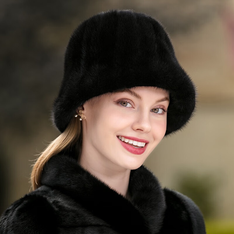 贝雷帽户外保暖水貂毛休闲逛街潮新款皮草帽子女秋冬优雅黑色均码