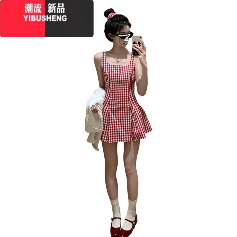 YIBUSHENG红色格子吊带连衣裙子女季2024新款小个子收腰又甜又辣a字新高清大图