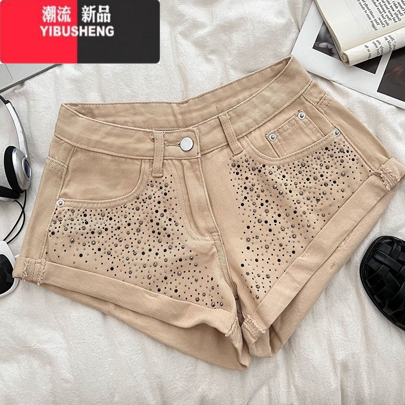 YIBUSHENG复古时尚设计感重工烫钻高腰显瘦牛仔短裤卷边阔腿裤休闲裤热裤女高清大图