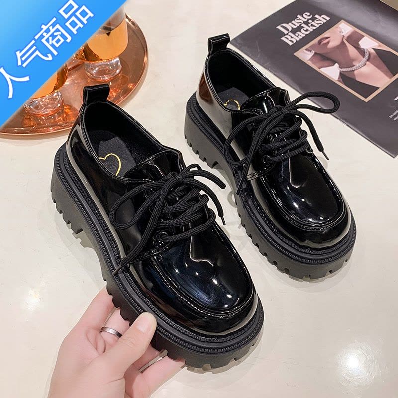 SUNTEK厚底乐福鞋女2023年春夏新款百搭英伦风黑色系带小皮鞋日系jk鞋子图片