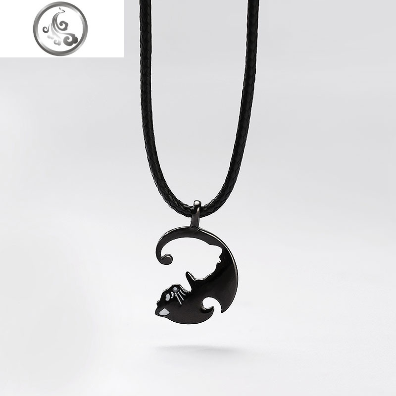 猫咪情侣项链一对纯银情侣款拼接简约文艺刻字森系送男女朋友 JiMi高清大图