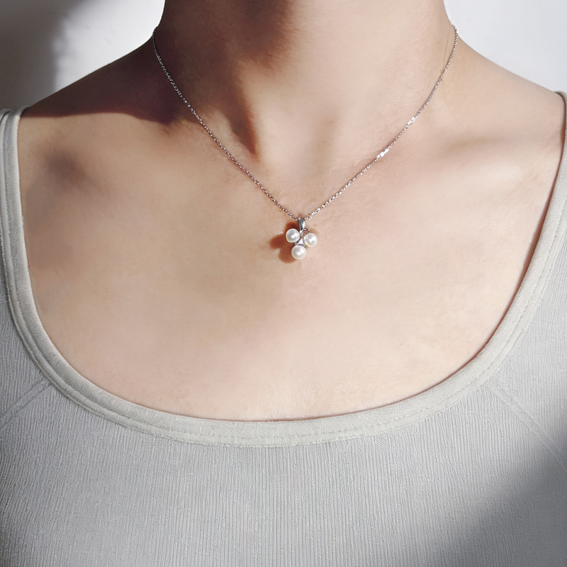 北京黄金 925 银天然珍珠三珠项链 三角锆石轻奢通勤送礼套链高清大图