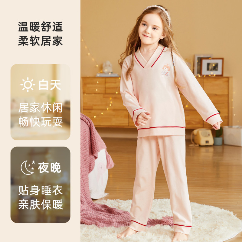猫人[棉透气]春季中大童睡衣女童长袖家居服套装儿童睡衣童睡衣