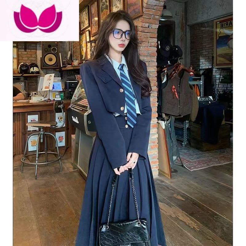 七斓韩系学院风jk制服西装套装女早春季显瘦西服外套百褶裙时尚三件套图片