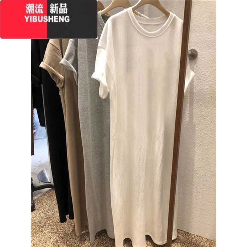 YIBUSHENG短袖遮肚子t恤裙女士季韩版宽松大码休闲中长款过膝连衣裙