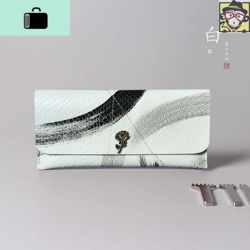 新款约钱包女士复古磨砂疯马手工长款钱包刻字NEW LAKE 白色水墨复古风六卡位
