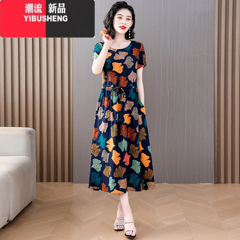 YIBUSHENG新款洋气棉绸连衣裙女季时尚收腰显瘦圆领中老年人造棉印花裙子