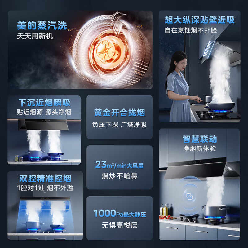 [高温蒸汽]美的(Midea)AK3Pro家用抽吸油烟机顶测跨界一体双腔自清洁超薄平嵌齐平橱柜AK5pro同款