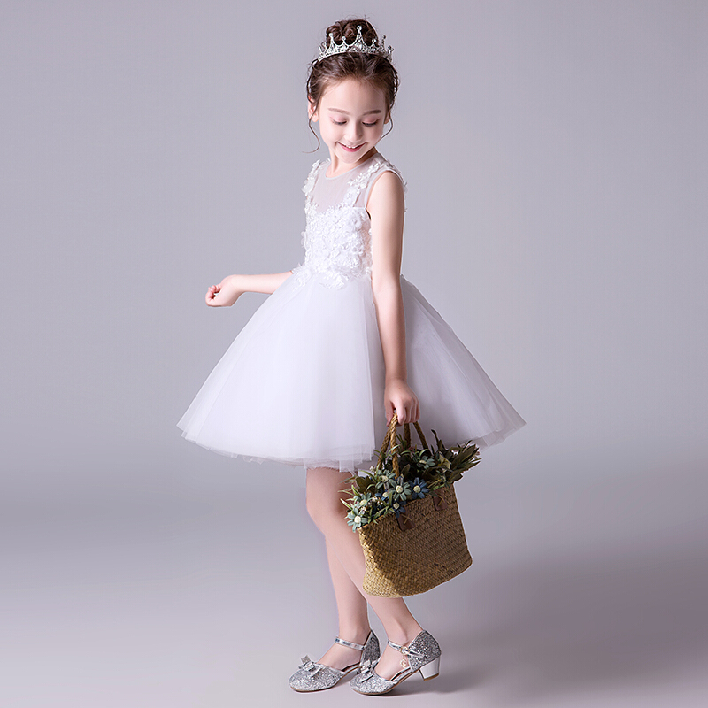 花童小主持婚纱生日钢琴演出服女童白色礼服公主裙儿童蓬蓬纱夏季白色