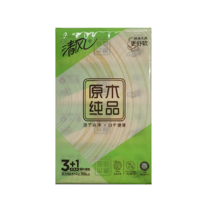 清风抽纸原木纯品2层150抽*4包中规格高清大图