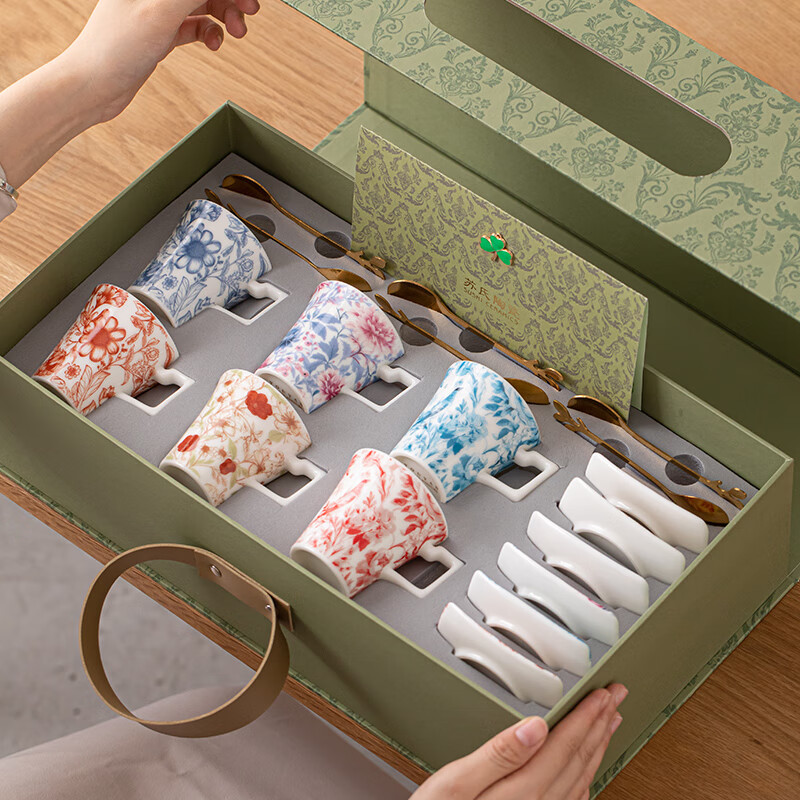 苏氏陶瓷/SUSHI CERAMICS J1092 咖啡杯蝶勺百花高档精致陶瓷杯子轻奢高级感下午茶具盒装礼物高清大图