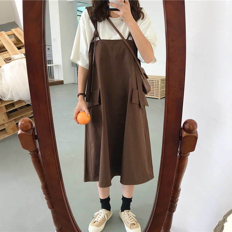 2018夏装韩版新款宽松纯色系带中长款背带裙女连衣裙长裙裙子学生卡其色均码