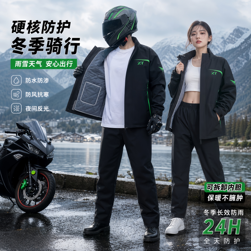 正雨冬季骑行防寒服加绒加厚雨衣外卖骑手分体式男款摩托车防暴雨9063高清大图