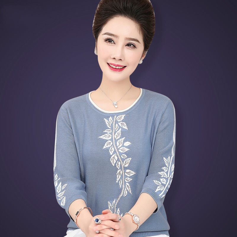 迪鲁奥(DILUAO)中老年女秋装洋气上衣2021新款40岁50老妈妈装春秋半袖针织打底衫