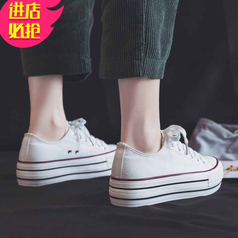 金三志厚底3cm帆布鞋女ulzzang百搭小白鞋女2021新款春季款板鞋女ins潮帆布鞋