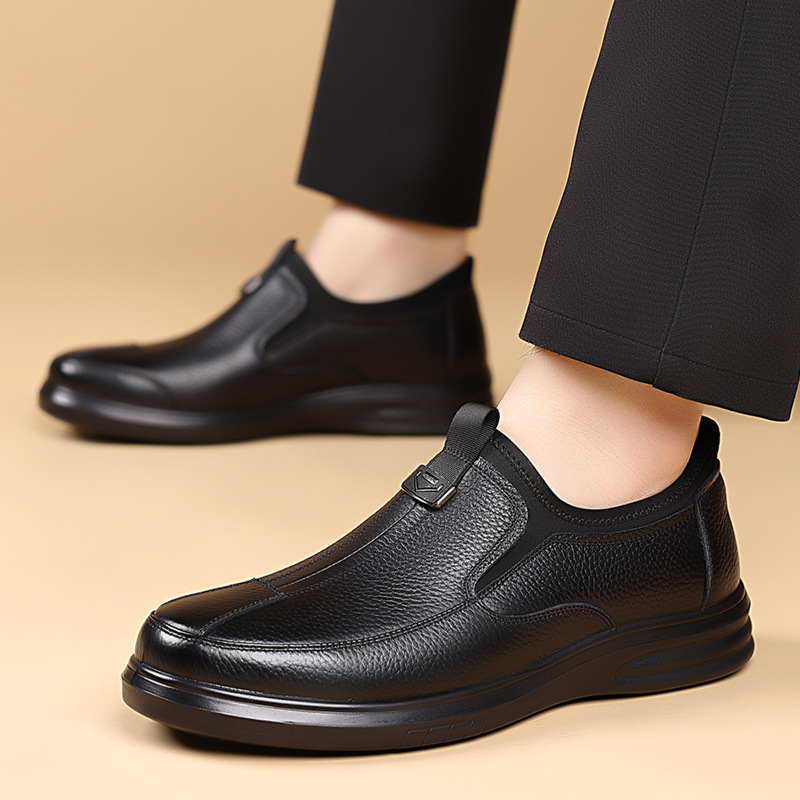 皮鞋男士牛皮一脚蹬头层牛皮中年休闲防滑软底驾车爸爸鞋乐福鞋男_13462高清大图