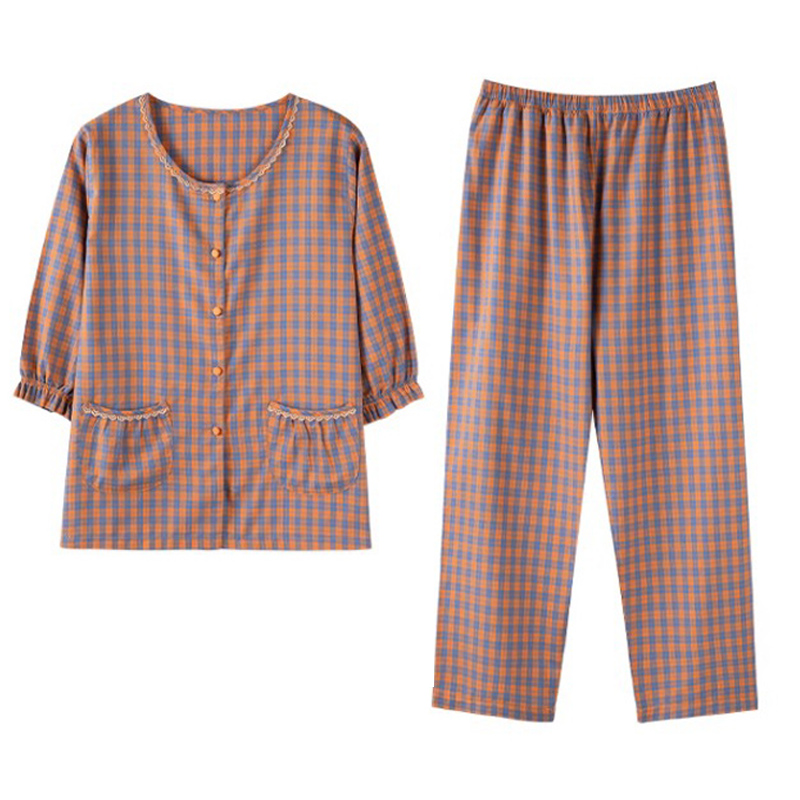 浪莎纯棉带胸垫睡衣女夏季九分袖七分袖九分裤韩式家居服两件套家高清大图