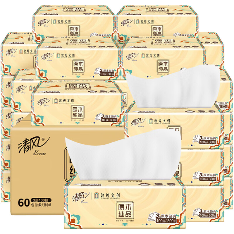 清风原木敦煌联名 3层100抽60包一箱高清大图