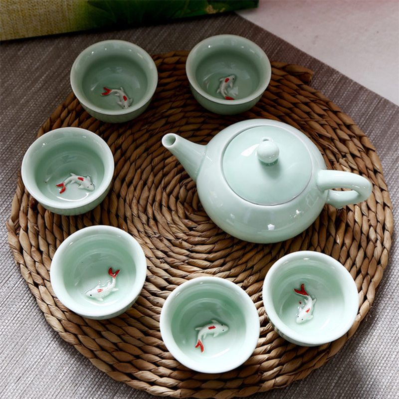 7头青瓷鱼杯茶具套装