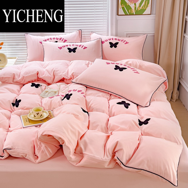 YICHENGins少女心蝴蝶四件套柔软床单被套床笠式公主风超柔夏季