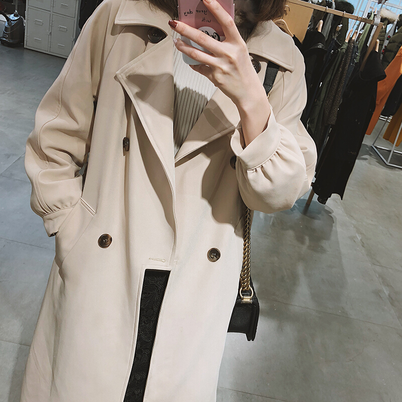 卡其色风衣女2018春装新款韩版小个子过膝大衣长款时尚宽松外套卡其色