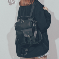 双肩包女2021新款韩版时尚百搭潮休闲pu软皮质学生书包大容量背包 黑色