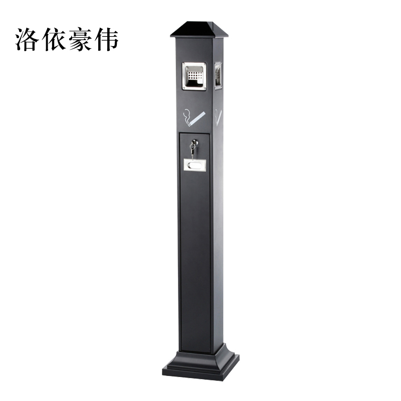 洛依豪伟不锈钢垃圾桶烟蒂柱灭烟桶带烟灰缸室外电梯口立式屋顶式黑色烤漆烟灰柱