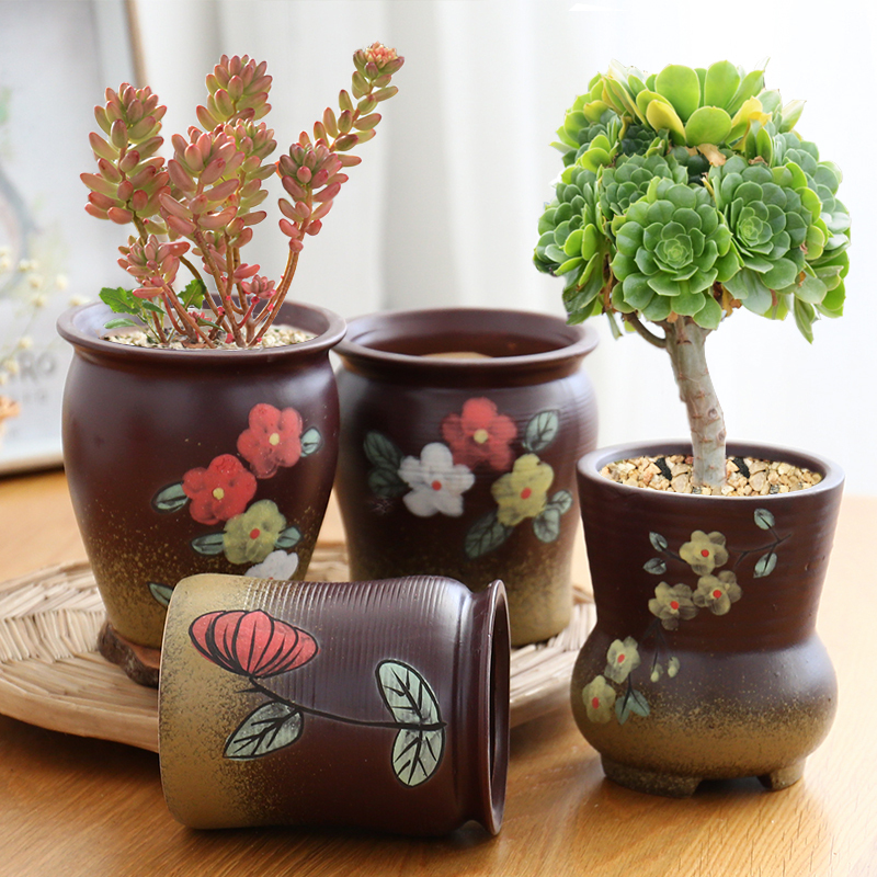 陶瓷手绘创意高花盆透气古达复古多肉粗陶老桩盆 花盆