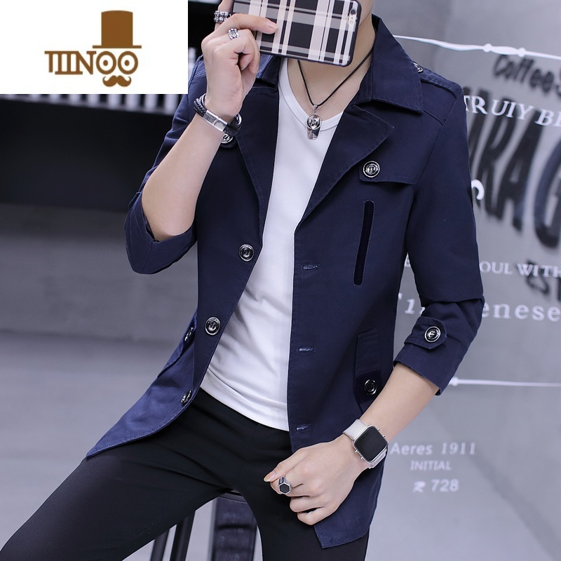 YANXU秋季帆布男士外套风衣痞帅中长款潮流西装领成熟稳重休闲夹克高清大图