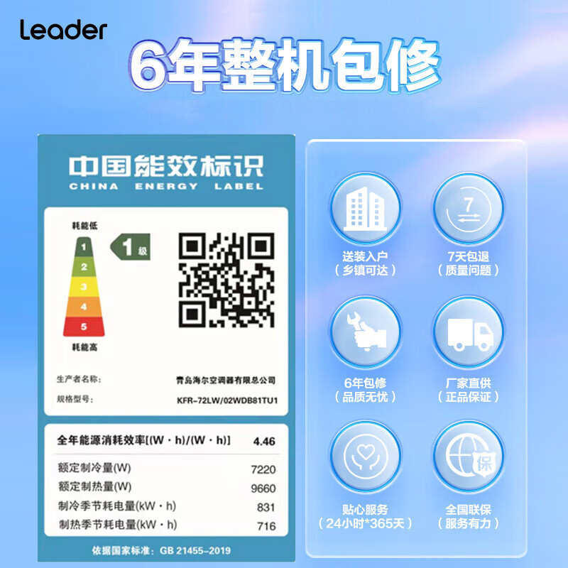 海尔智家Leader新1级3匹家用空调柜机能效除菌自清洁柜式一键舒适节能省电 KFR-72LW/02WDB81TU1套机高清大图