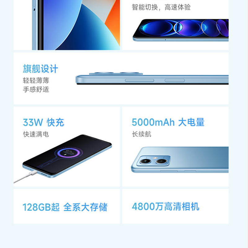 小米红米Redmi Note12 8GB+256GB 时光蓝 骁龙4 Gen1 5G 120Hz高刷屏 4800W像素 33W快充手机高清大图