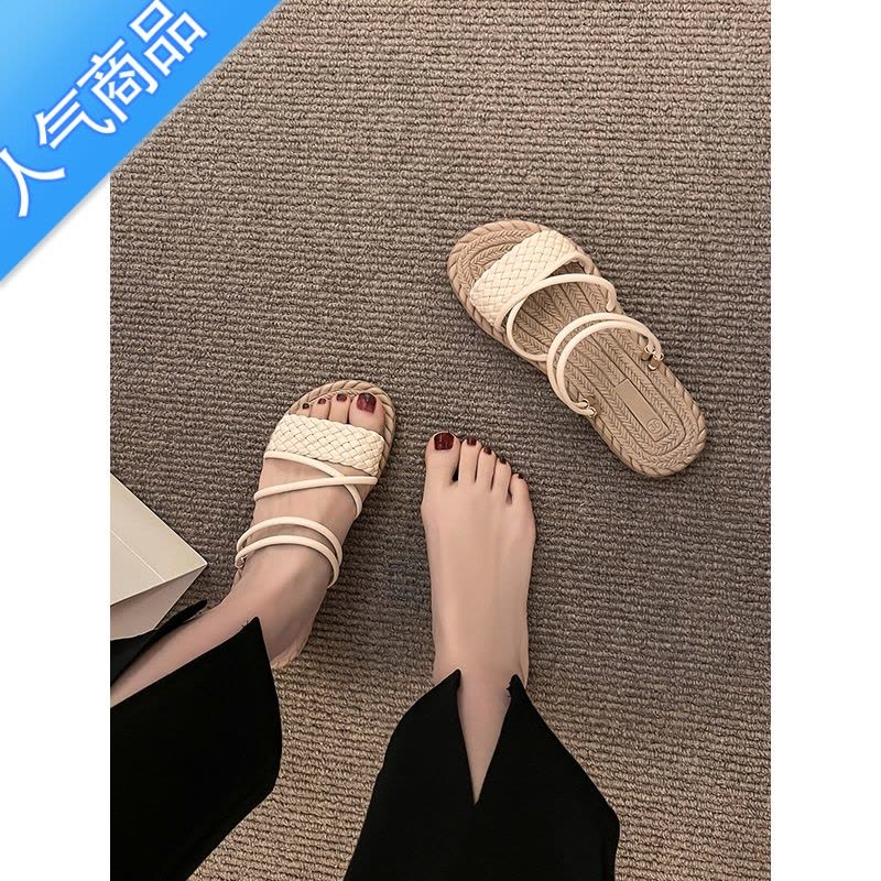 SUNTEK网红时尚拖鞋女外穿2023夏季新款百搭平底可湿水麻花编织罗马凉鞋图片