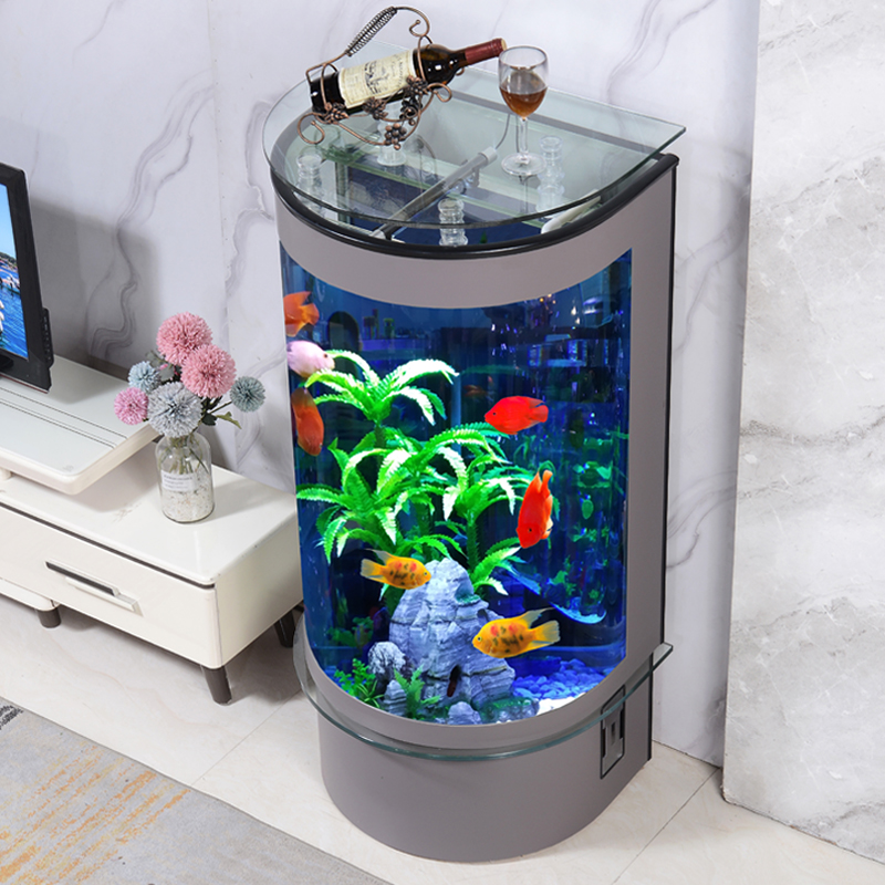 鱼缸客厅小型家用造景落地半圆形玻璃鱼缸水族箱生态免换水轻奢新款立式圆柱形鱼缸高清大图