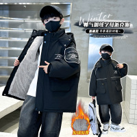 儿童装男童加绒外套新款大童派克服秋冬款加厚男孩冬季棉服潮 150cm 黑色