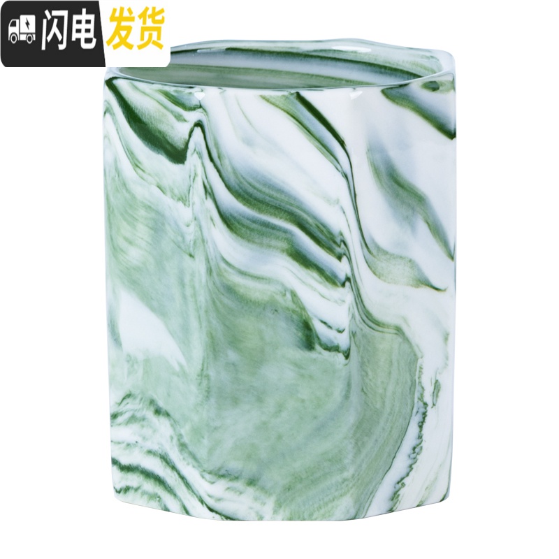 三维工匠北欧陶瓷笔筒女ins创意大理石桌面收纳筒现代简约办公室化妆刷筒 直筒蓝色收纳筒高清大图