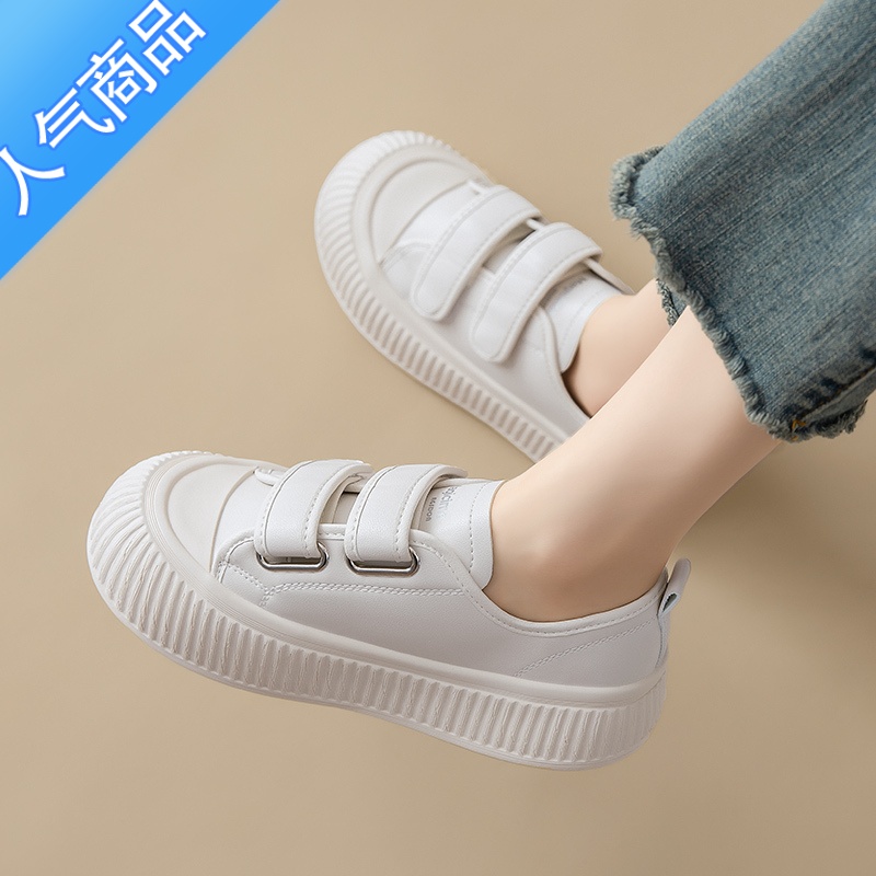 SUNTEK魔术贴小白鞋女2023新款夏季厚底百搭休闲帆布鞋轻便运动白色板鞋高清大图