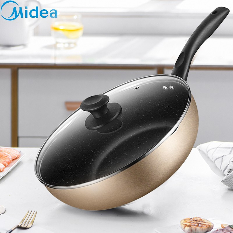 美的(Midea)典雅金麦饭石色涂层不粘炒锅家用炒锅电磁炉煤气灶适用炒菜锅平底锅煎锅增竹铲 香槟金 32CM黑色