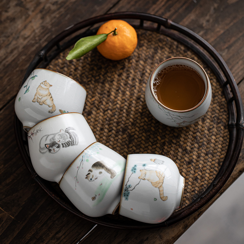 汝窑茶杯子主人杯单个杯猫咪品茗杯陶瓷功夫茶具开片家用喝茶杯 三维工匠 汝窑禅定杯-宁静猫高清大图
