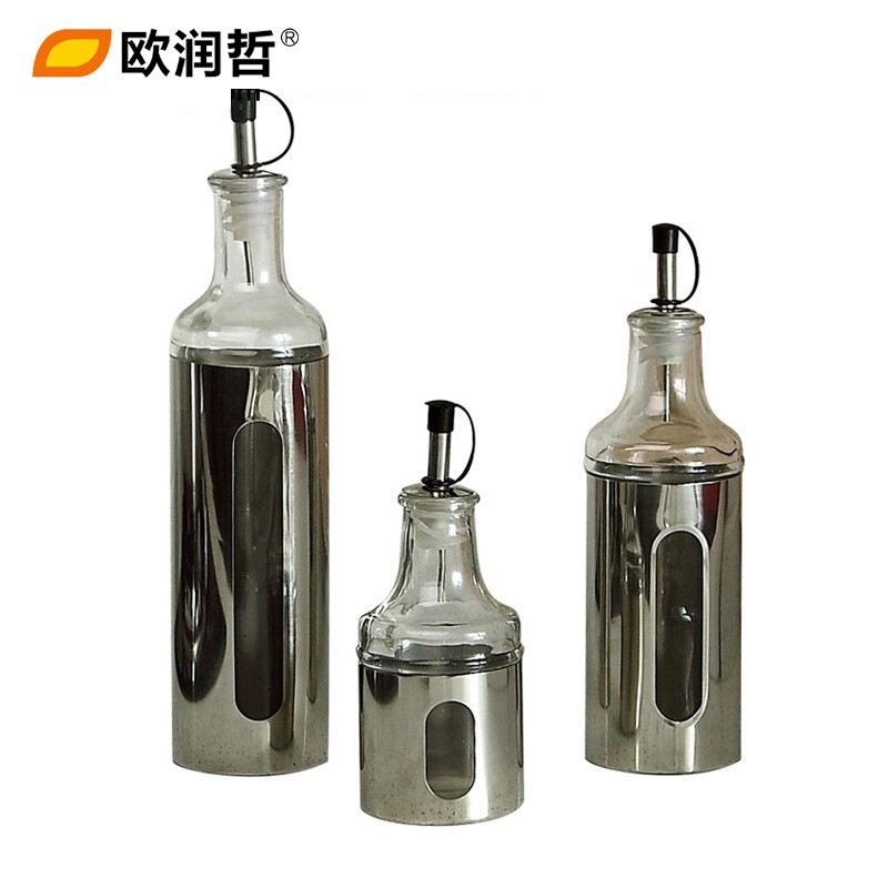欧润哲 3件套玻璃圆孔油醋调味瓶厨房酱油香油分装瓶不锈钢106217