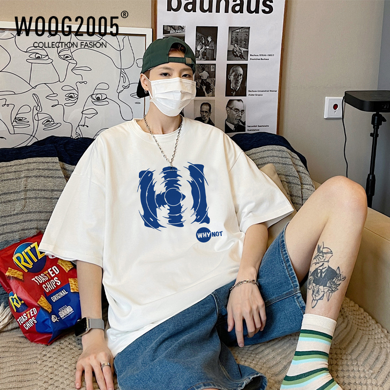 WOOG2005白色短袖T恤设计感小众潮ins纯棉水纹字母印花体恤上衣夏