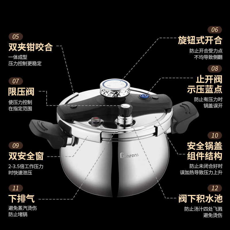 贝伦斯高压锅7L导热均匀密封胶圈不锈钢BLS-GYL1204高清大图