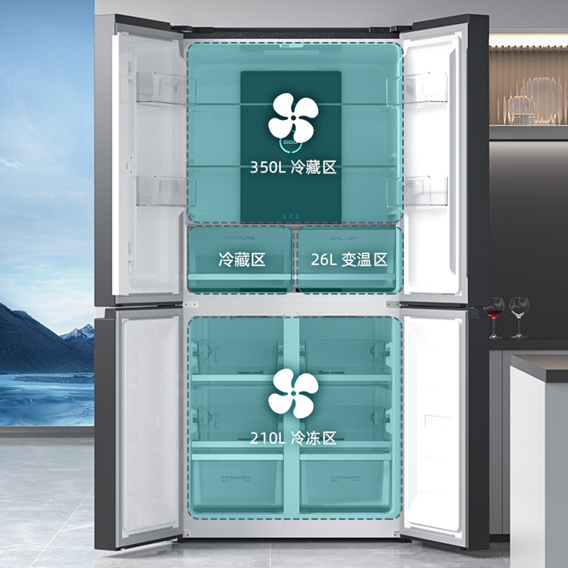 荣事达586升生态养鲜纤薄嵌入式风冷无霜双循环一级能效双变频除菌十字对开双开四开门电冰箱(升级款)钛深灰高清大图