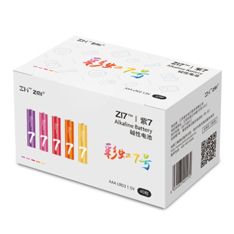小米7号彩虹电池10粒装ZI7干电池碱性电池家用遥控器玩具紫米电池 7号电池40节塑封盒装