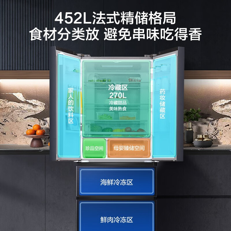 [苏选自营]容声蓝光养鲜452升法式多门四开门家用风冷无霜母婴一级能效变频节能大容量智能冰箱BCD-452WD16MPA