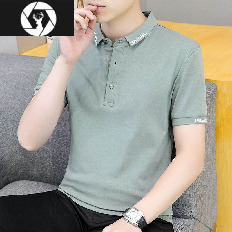 hongzun男装纽扣短袖t恤潮流夏装青年上衣服有领polo衫男士立领短衫