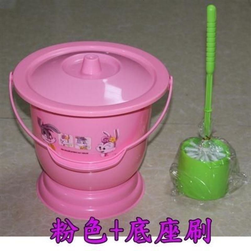 痰盂塑料加厚儿童手提式坐便器夜壶孕妇女尿桶成人带盖尿便盆尿壶 加大加厚粉色+底座刷