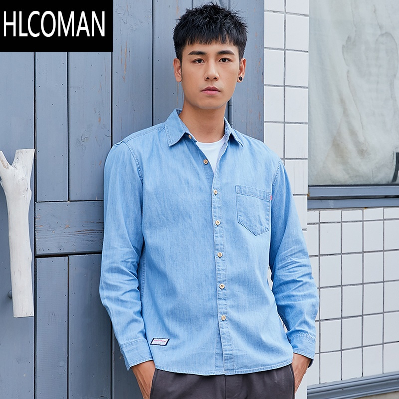hlcoman竹节男牛仔长袖衬衫休闲男装牛仔衬衣上衣外套