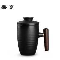 鼎亨陶瓷带盖过滤茶杯创意木把简约办公杯泡茶杯子喝茶水杯家用