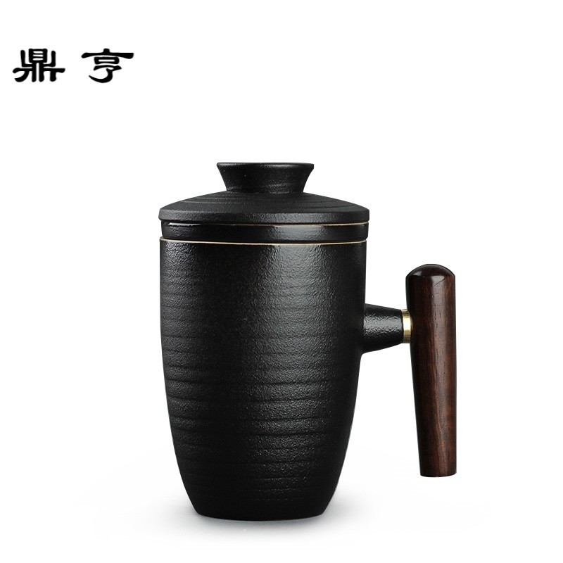 鼎亨陶瓷带盖过滤茶杯创意木把简约办公杯泡茶杯子喝茶水杯家用