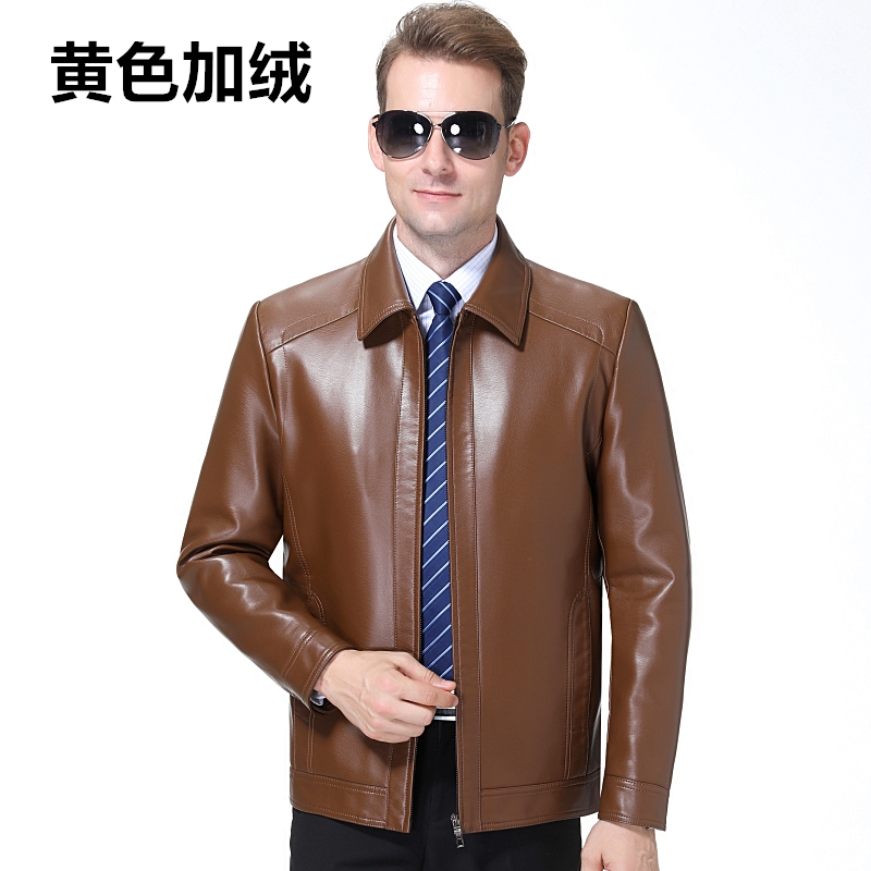2022春季外套男士真皮皮衣男羊皮夹克外套新品春秋装商务休闲工装中青年山羊皮男士中老年爸爸装棒球领防水免洗春装外套防寒服 1955黄色加绒翻领 XL/180/96A